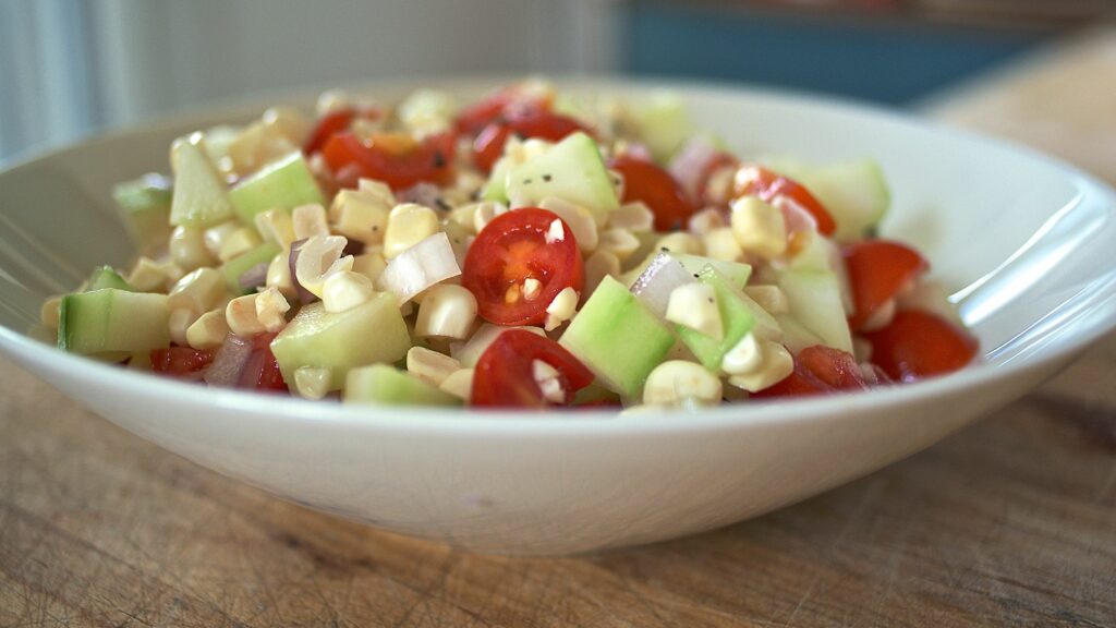 HOW TO MAKE CUCUMBER TOMATO CORN PEANUT SALAD WITH LEMON RECIPE